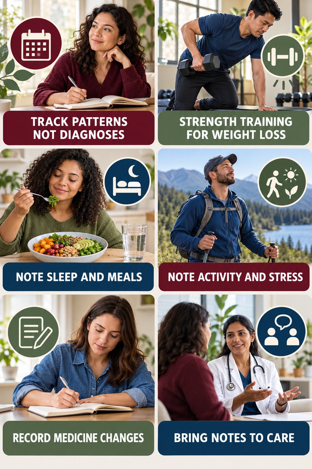 Track Energy Patterns Without Self-Diagnosing natural-energy and hormone-health-literacy infographic for Strength Training for Weight Loss with four practical checks.