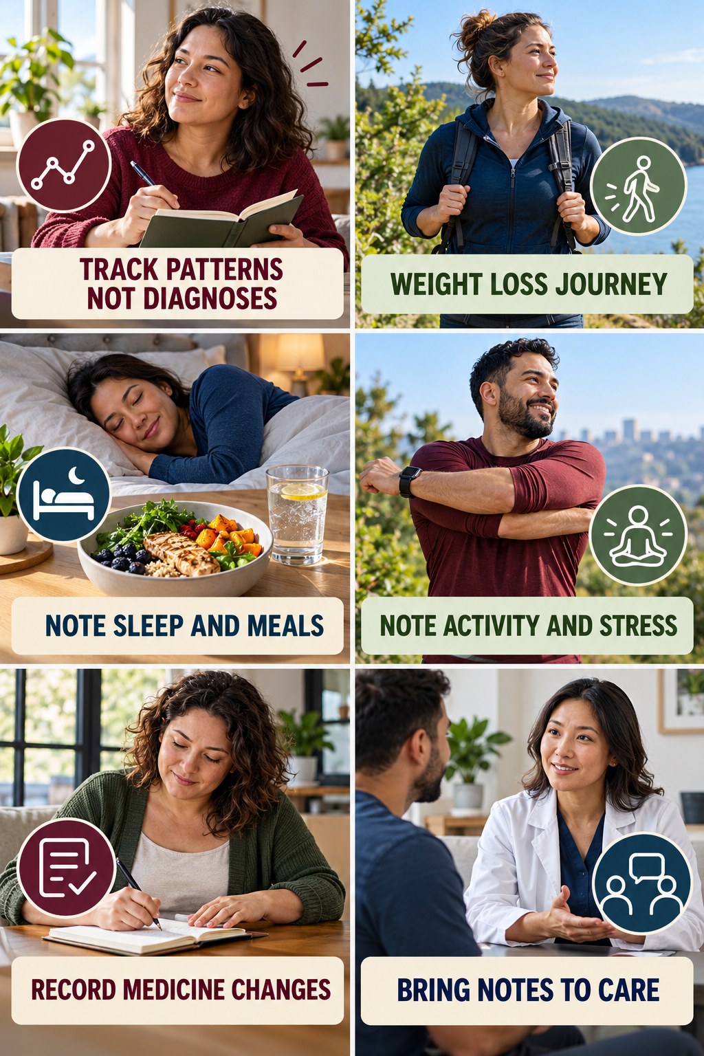 Track Energy Patterns Without Self-Diagnosing natural-energy and hormone-health-literacy infographic for Weight Loss Journey with four practical checks.