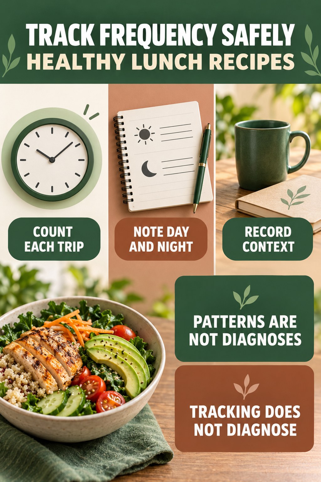 Track Frequency Without Self-Diagnosing urinary symptom tracking infographic for Healthy Lunch Recipes with four practical diary points and a non-diagnostic reminder.