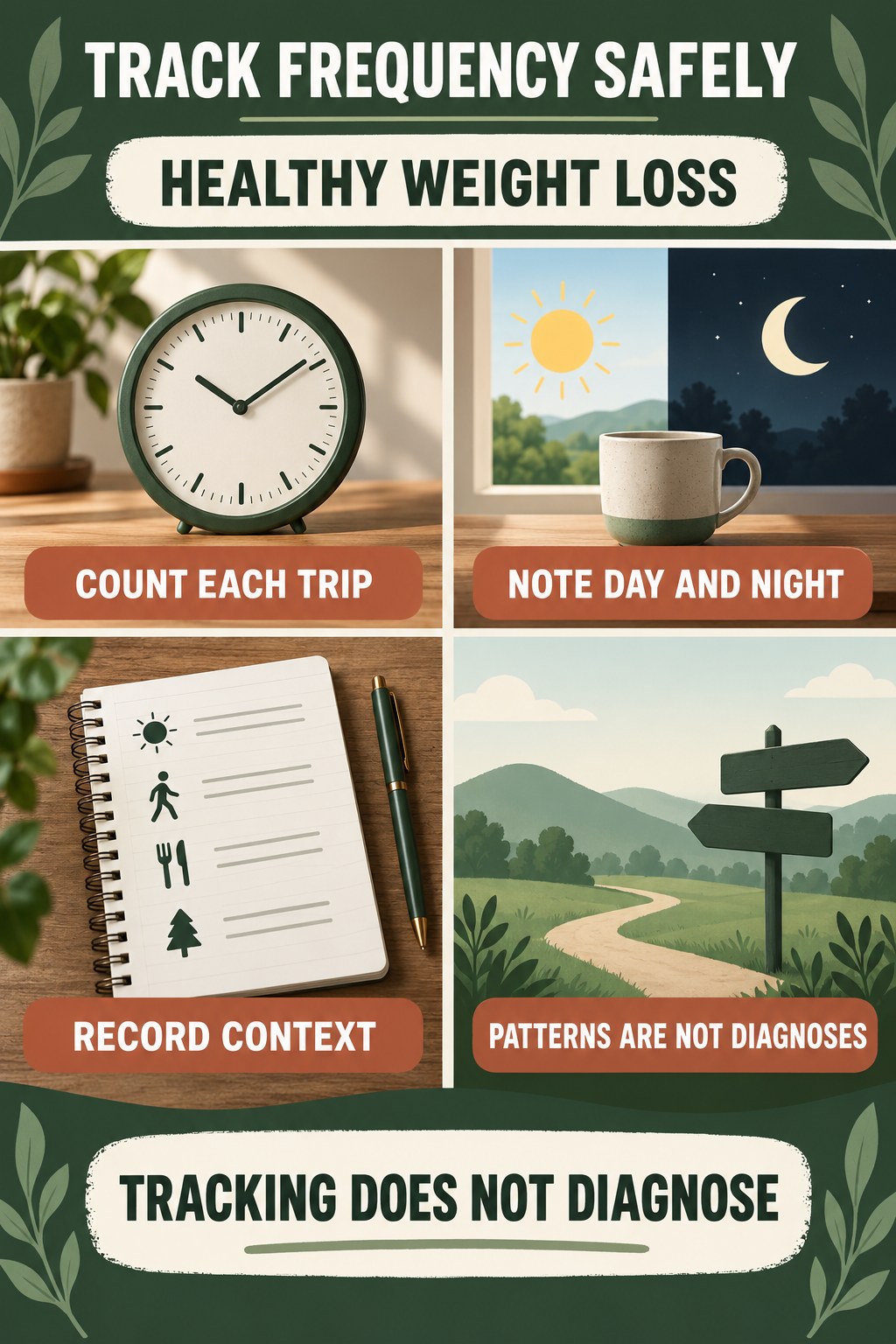 Track Frequency Without Self-Diagnosing urinary symptom tracking infographic for Healthy Weight Loss with four practical diary points and a non-diagnostic reminder.