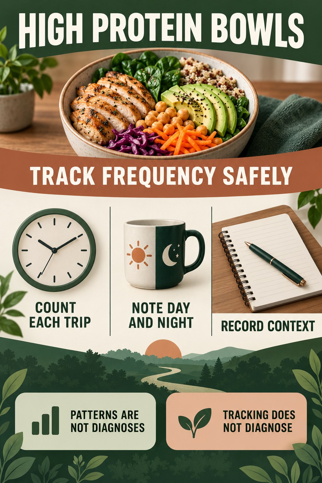 Track Frequency Without Self-Diagnosing urinary symptom tracking infographic for High Protein Bowls with four practical diary points and a non-diagnostic reminder.