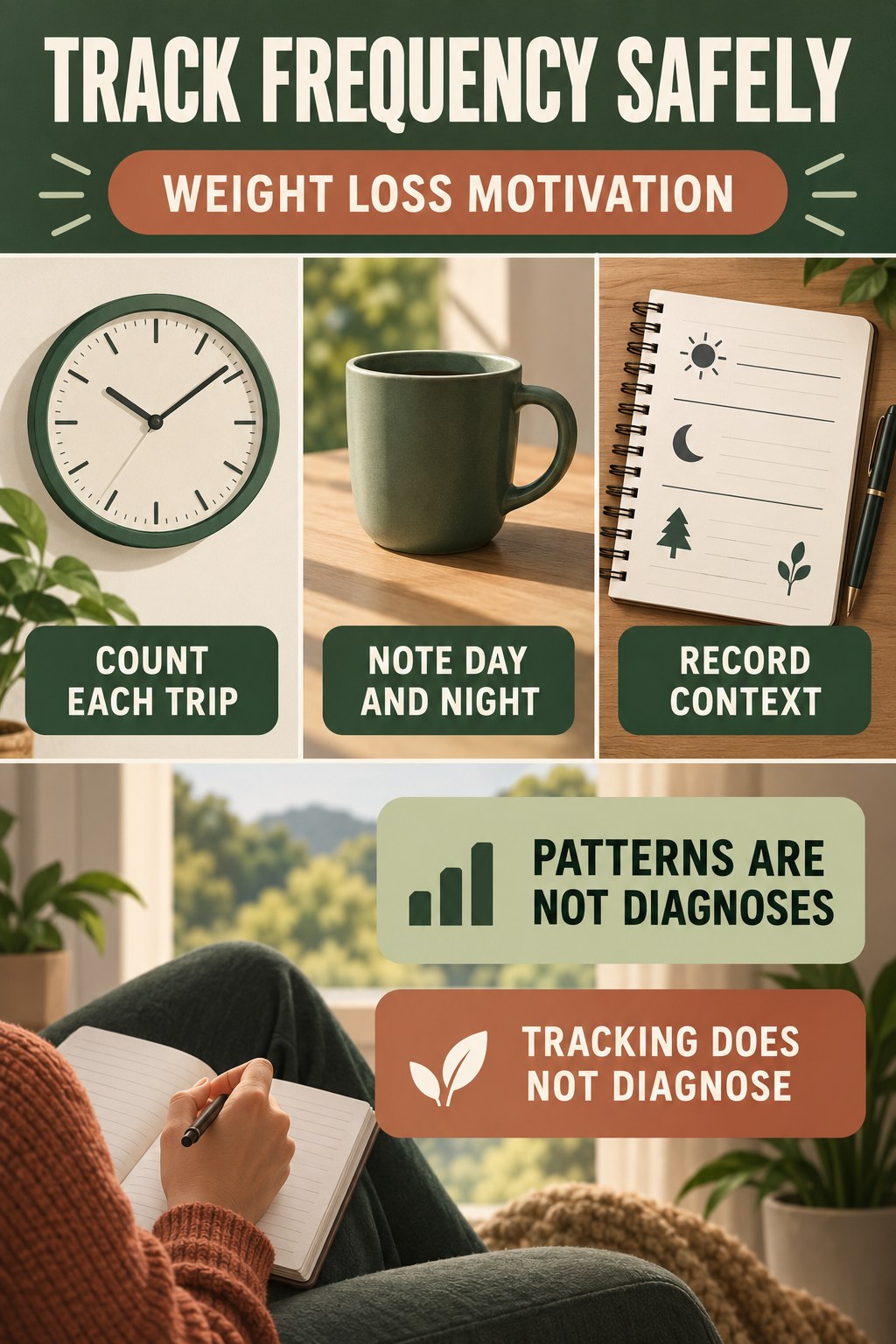 Track Frequency Without Self-Diagnosing urinary symptom tracking infographic for Weight Loss Motivation with four practical diary points and a non-diagnostic reminder.