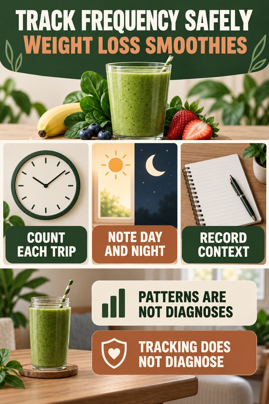 Track Frequency Without Self-Diagnosing urinary symptom tracking infographic for Weight Loss Smoothies with four practical diary points and a non-diagnostic reminder.