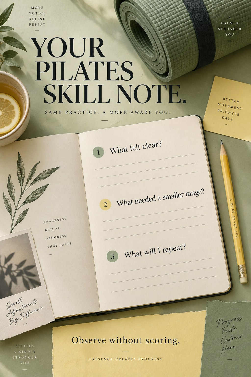 Open notebook beside a rolled Pilates mat showing three practice reflection prompts.