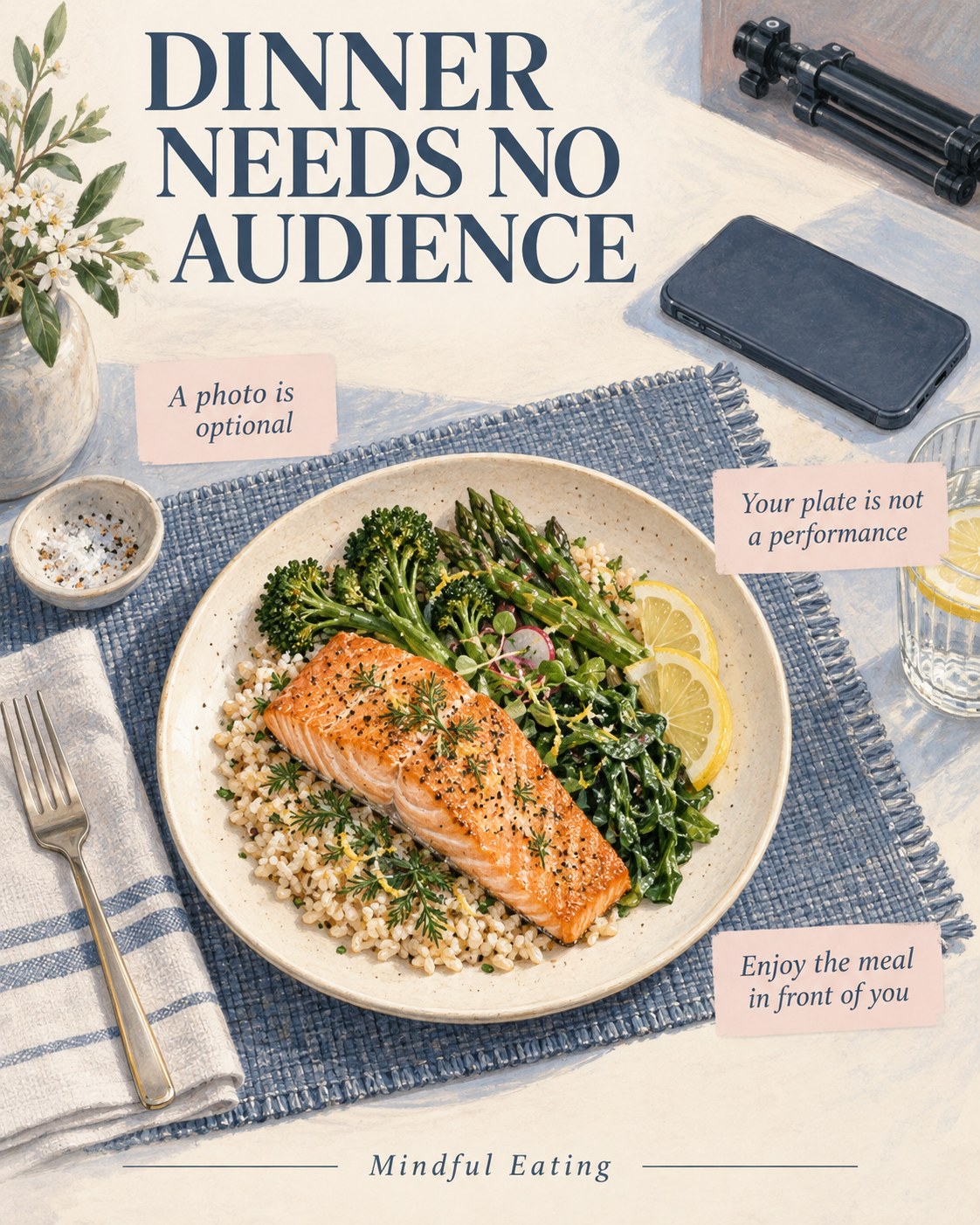 Salmon rice dinner with vegetables and a phone set face down beyond the plate.