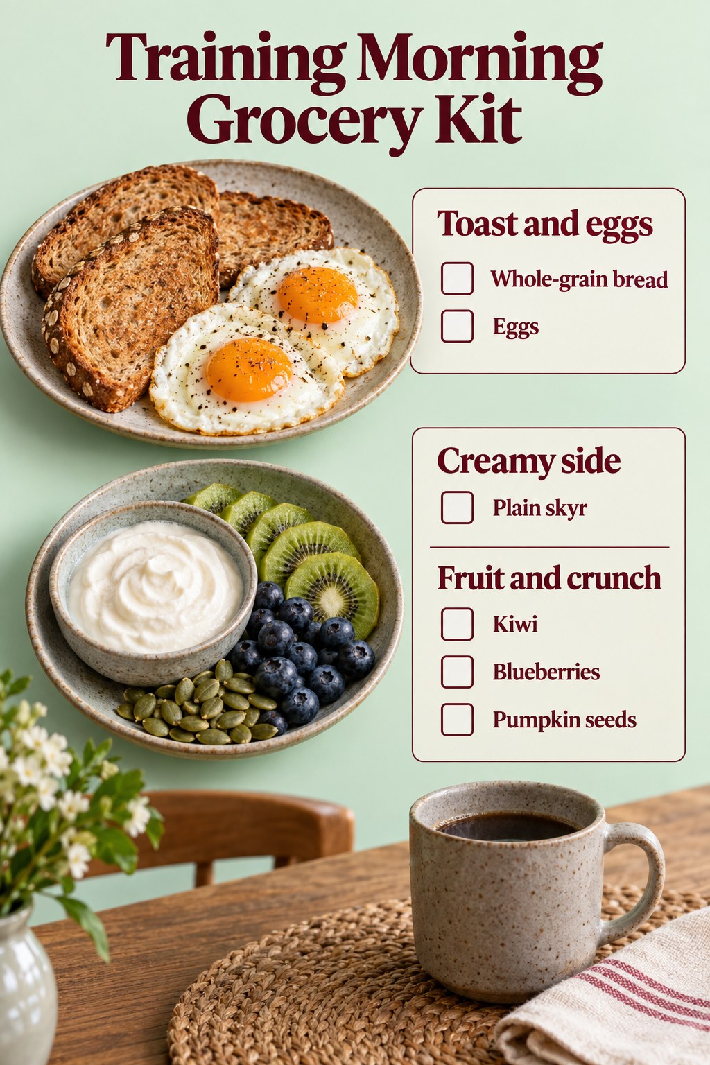 Mint breakfast-placemat grocery graphic listing whole-grain bread, eggs, plain skyr, kiwi, blueberries and pumpkin seeds.