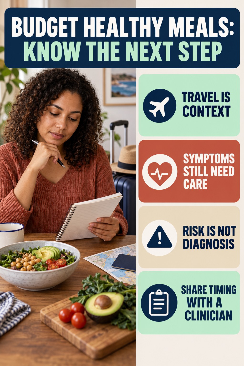 Travel Context, Not Diagnosis infographic for Budget Healthy Meals, explaining vein-health warning signs and the appropriate next action without diagnosing a condition.