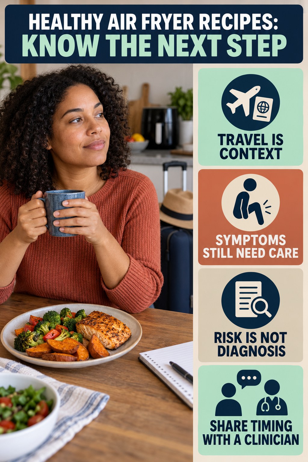 Travel Context, Not Diagnosis infographic for Healthy Air Fryer Recipes, explaining vein-health warning signs and the appropriate next action without diagnosing a condition.
