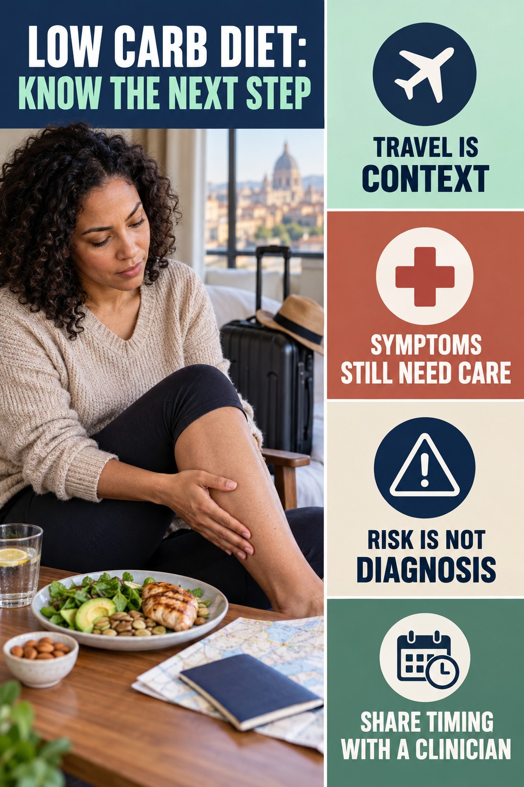 Travel Context, Not Diagnosis infographic for Low Carb Diet, explaining vein-health warning signs and the appropriate next action without diagnosing a condition.