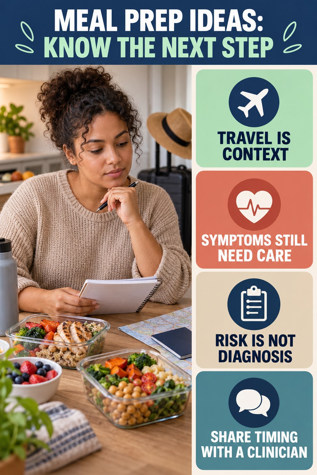 Travel Context, Not Diagnosis infographic for Meal Prep Ideas, explaining vein-health warning signs and the appropriate next action without diagnosing a condition.