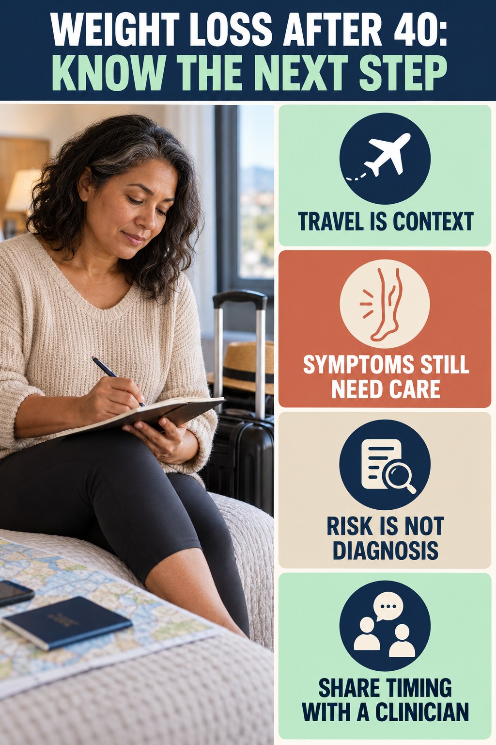 Travel Context, Not Diagnosis infographic for Weight Loss After 40, explaining vein-health warning signs and the appropriate next action without diagnosing a condition.