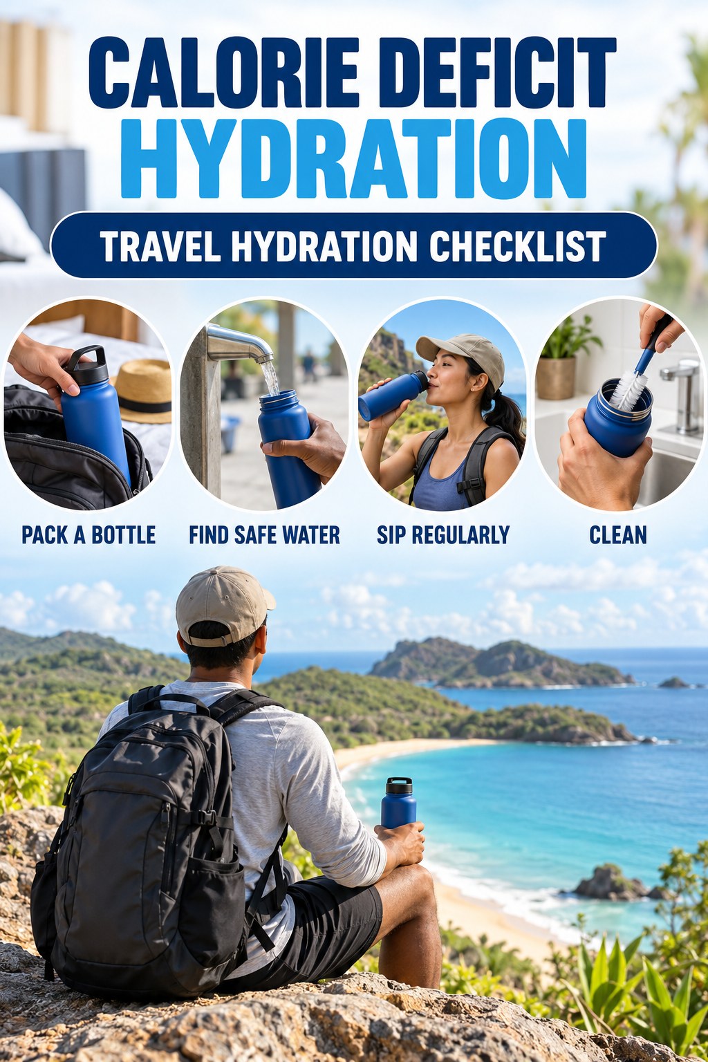 Calorie Deficit hydration graphic titled Travel Hydration Checklist with four flexible water-habit prompts and no fixed intake target.