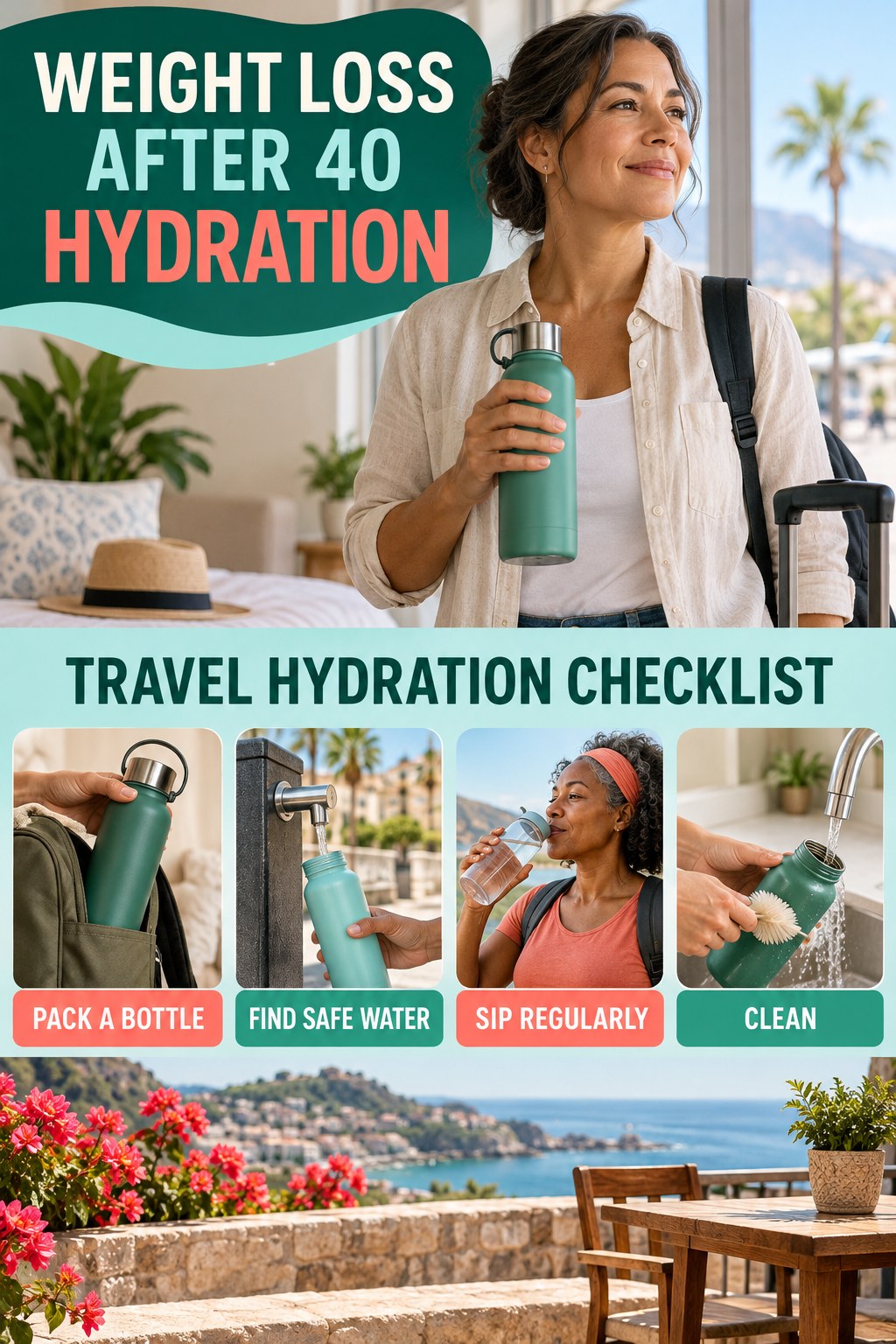 Weight Loss After 40 hydration graphic titled Travel Hydration Checklist with four flexible water-habit prompts and no fixed intake target.