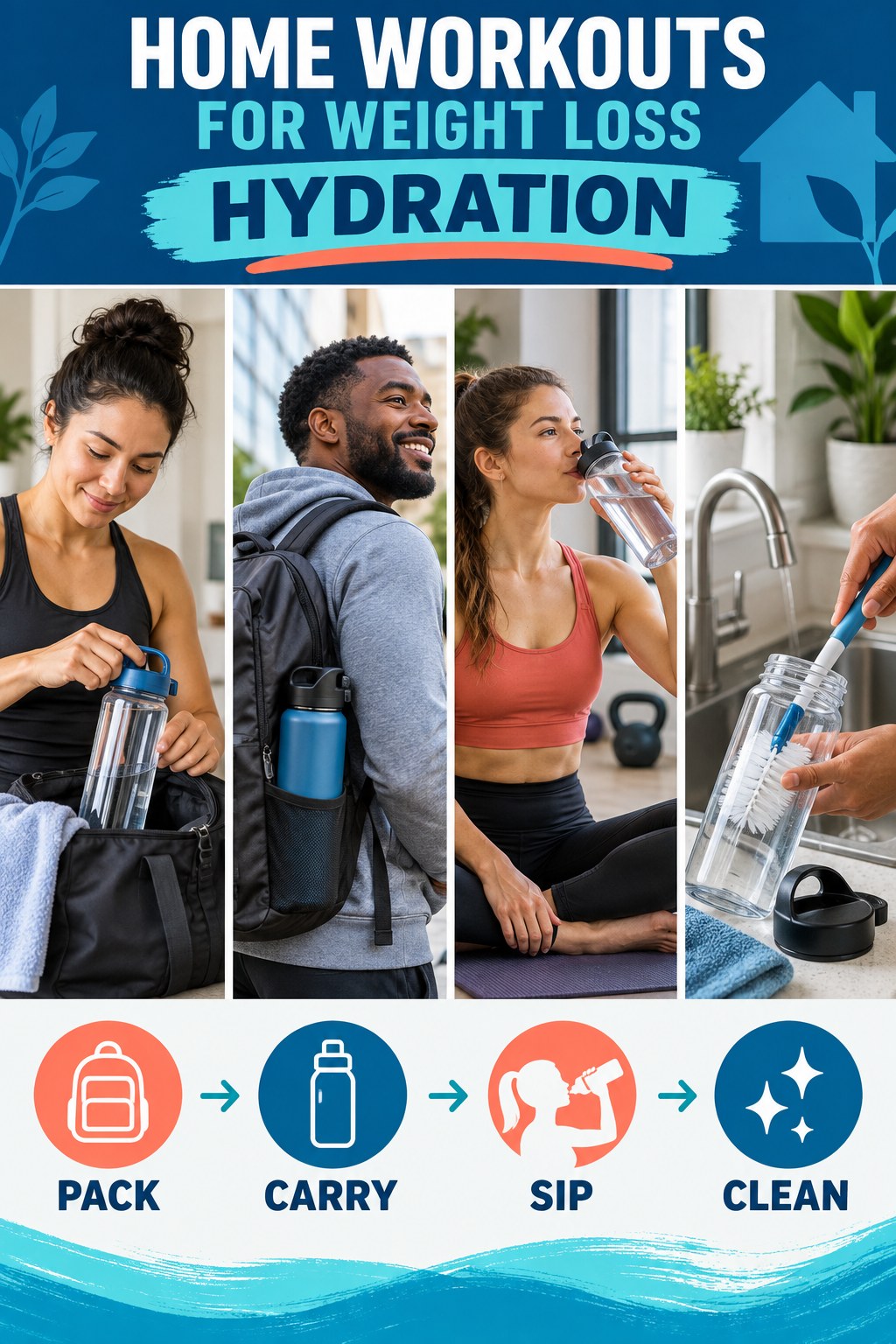 Home Workouts for Weight Loss hydration graphic titled Travel-to-Workout Hydration Setup with four flexible water-habit prompts and no fixed intake target.