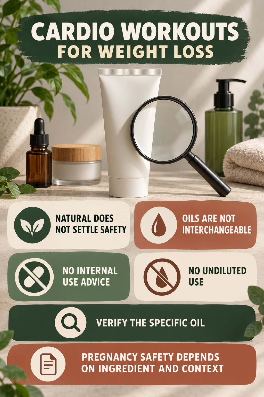 Treat Essential-Oil Claims With Caution pregnancy skincare ingredient-question infographic for Cardio Workouts for Weight Loss with four careful label-review points.