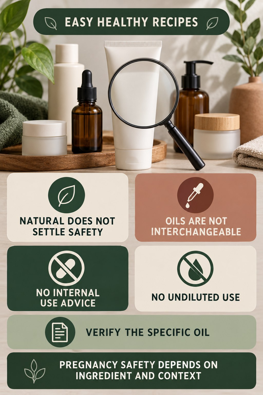 Treat Essential-Oil Claims With Caution pregnancy skincare ingredient-question infographic for Easy Healthy Recipes with four careful label-review points.