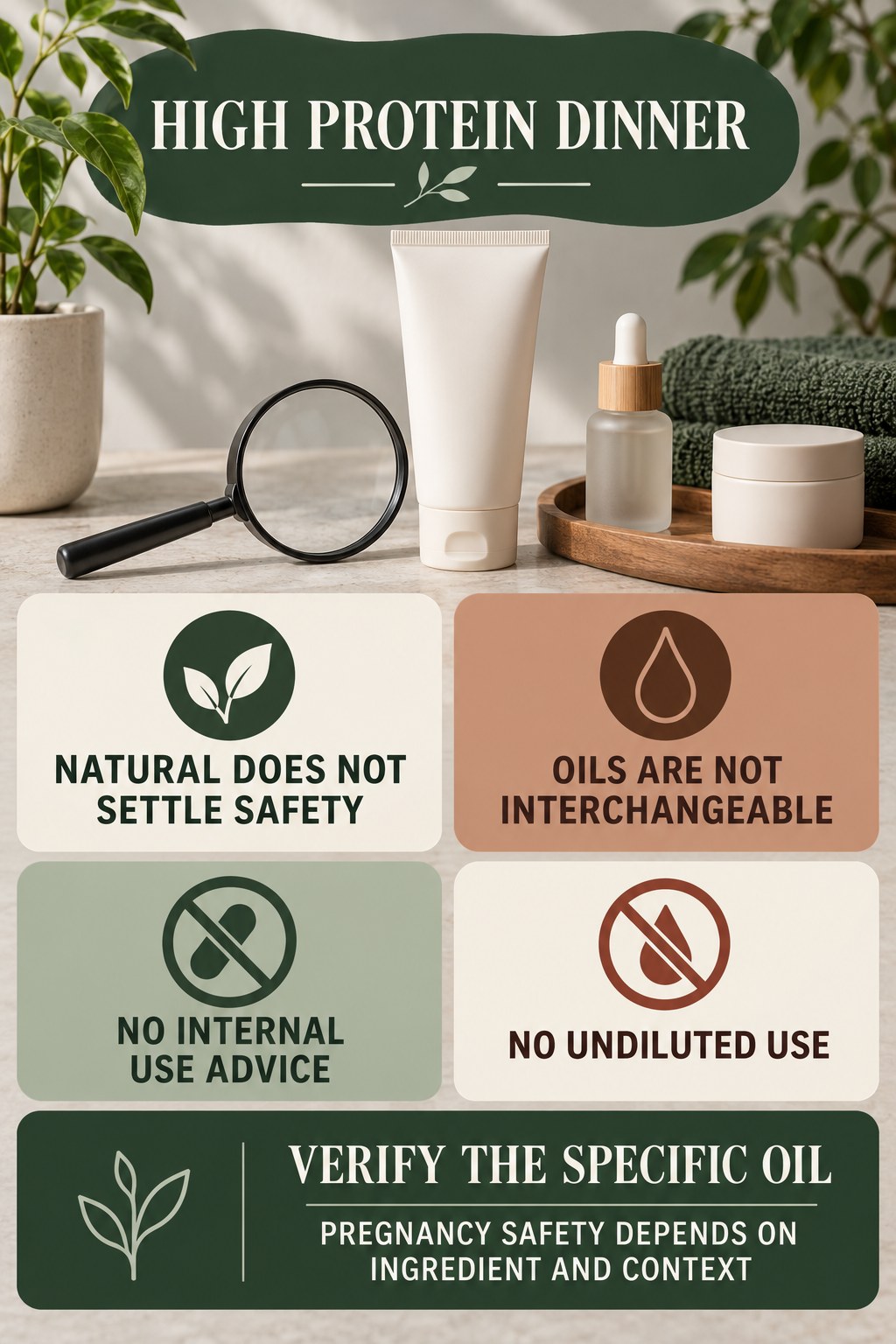 Treat Essential-Oil Claims With Caution pregnancy skincare ingredient-question infographic for High Protein Dinner with four careful label-review points.