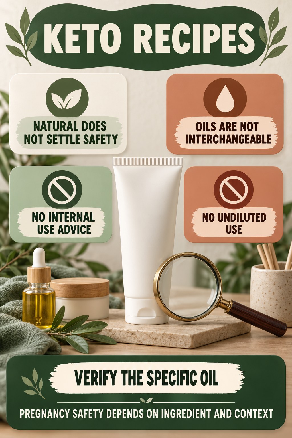 Treat Essential-Oil Claims With Caution pregnancy skincare ingredient-question infographic for Keto Recipes with four careful label-review points.
