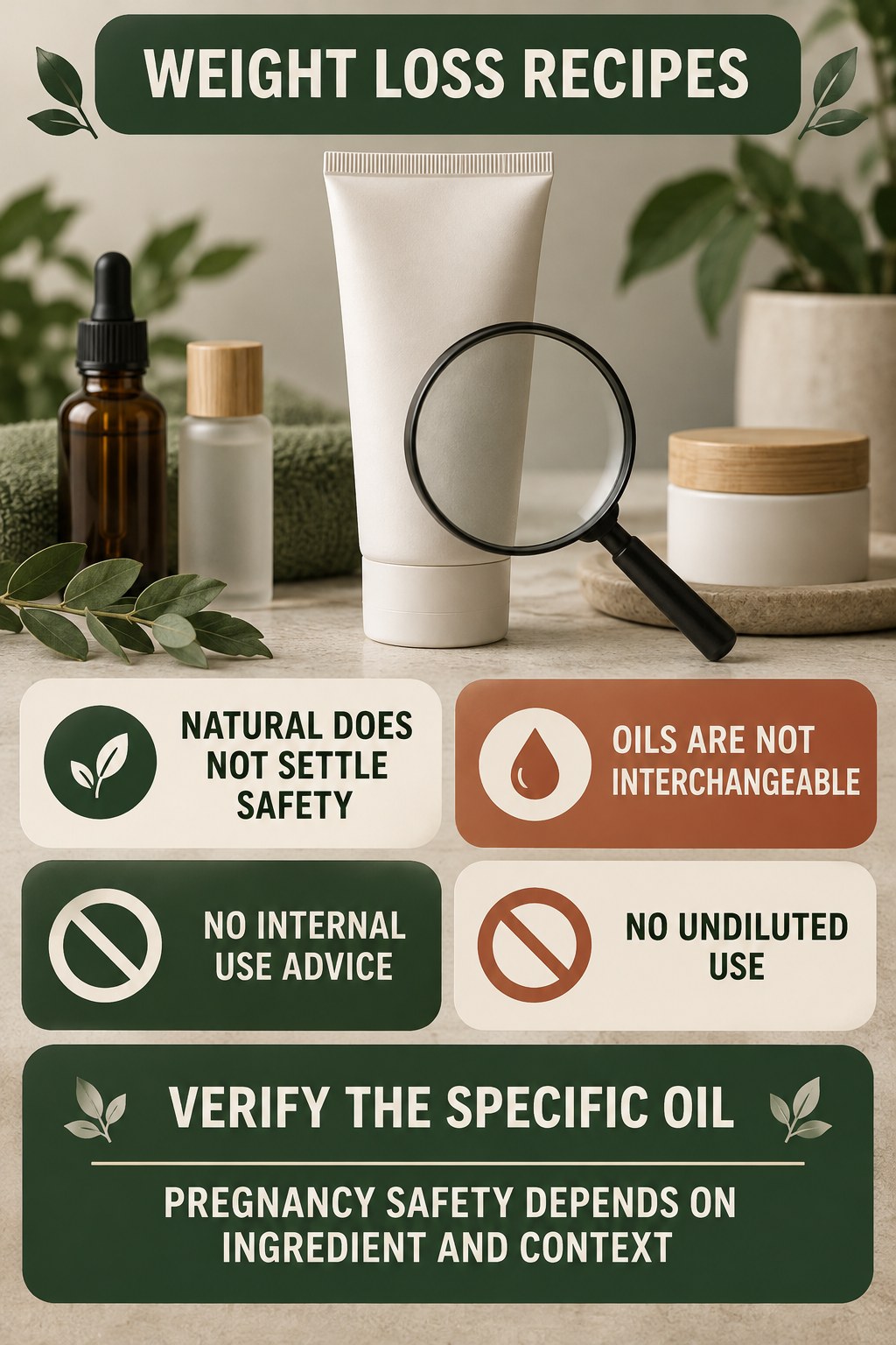 Treat Essential-Oil Claims With Caution pregnancy skincare ingredient-question infographic for Weight Loss Recipes with four careful label-review points.