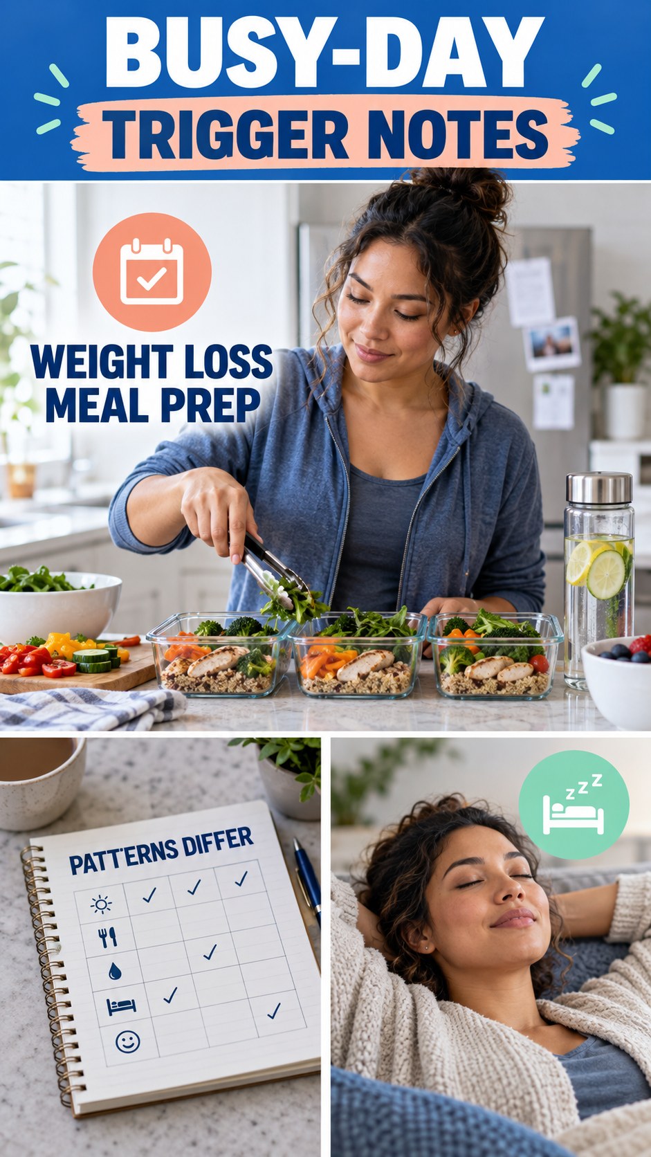 Busy-Day Trigger Notes infographic for Weight Loss Meal Prep, explaining that possible cold-sore triggers vary by person.
