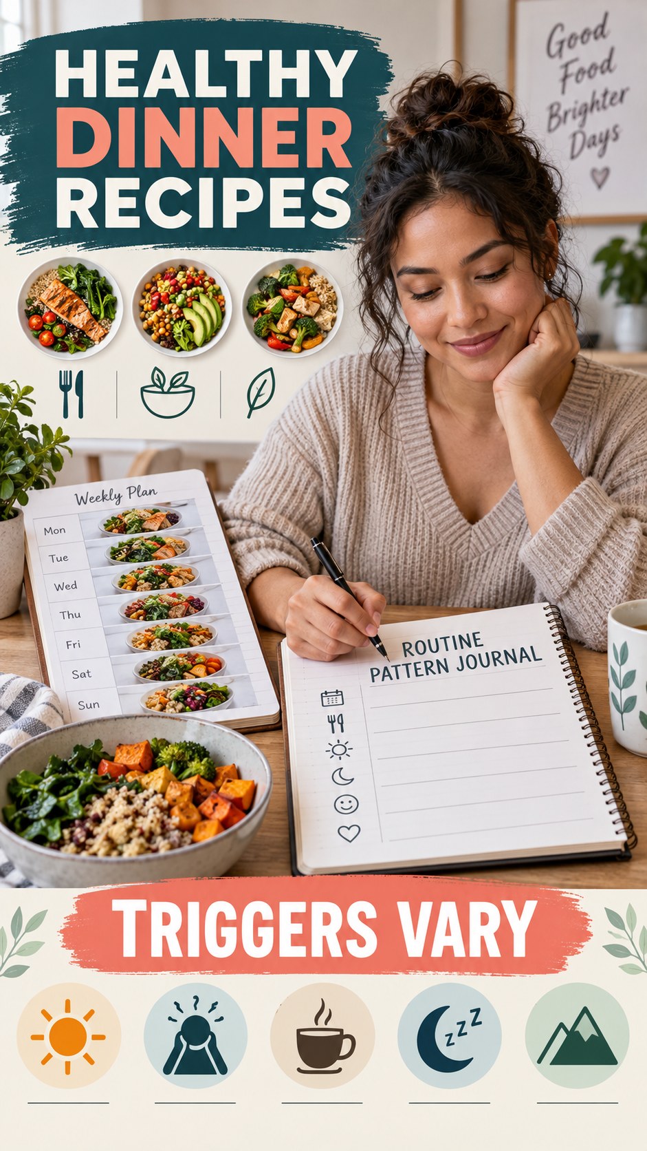 Routine Pattern Journal infographic for Healthy Dinner Recipes, explaining that possible cold-sore triggers vary by person.