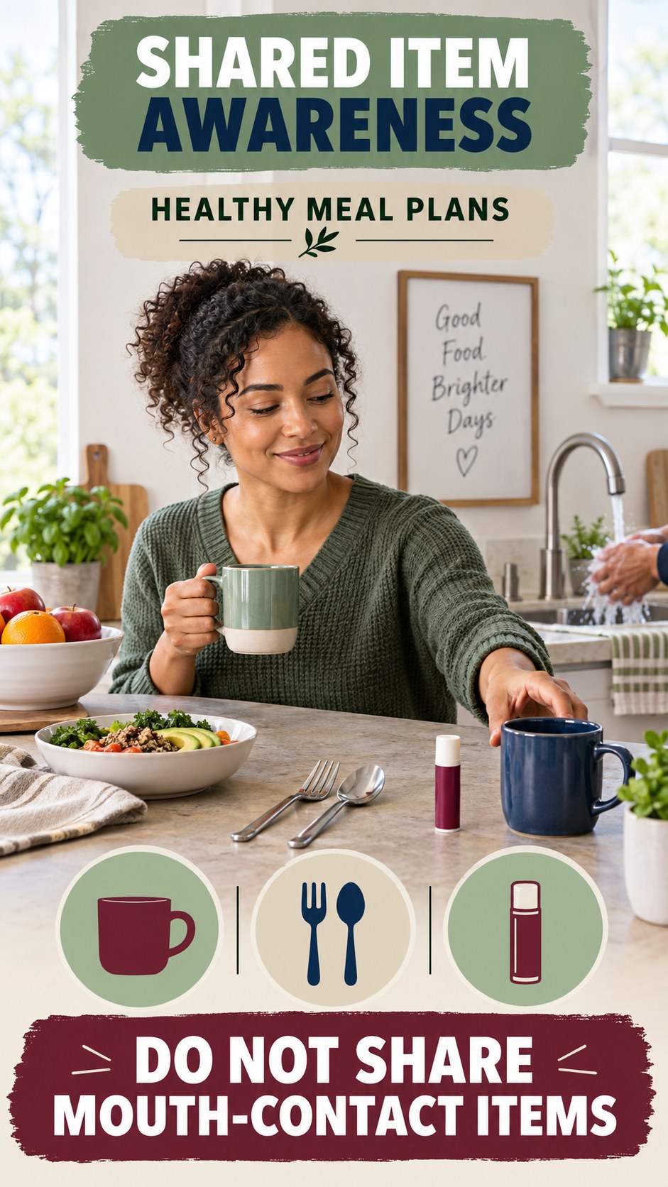 Shared Item Awareness infographic for Healthy Meal Plans, explaining that possible cold-sore triggers vary by person.