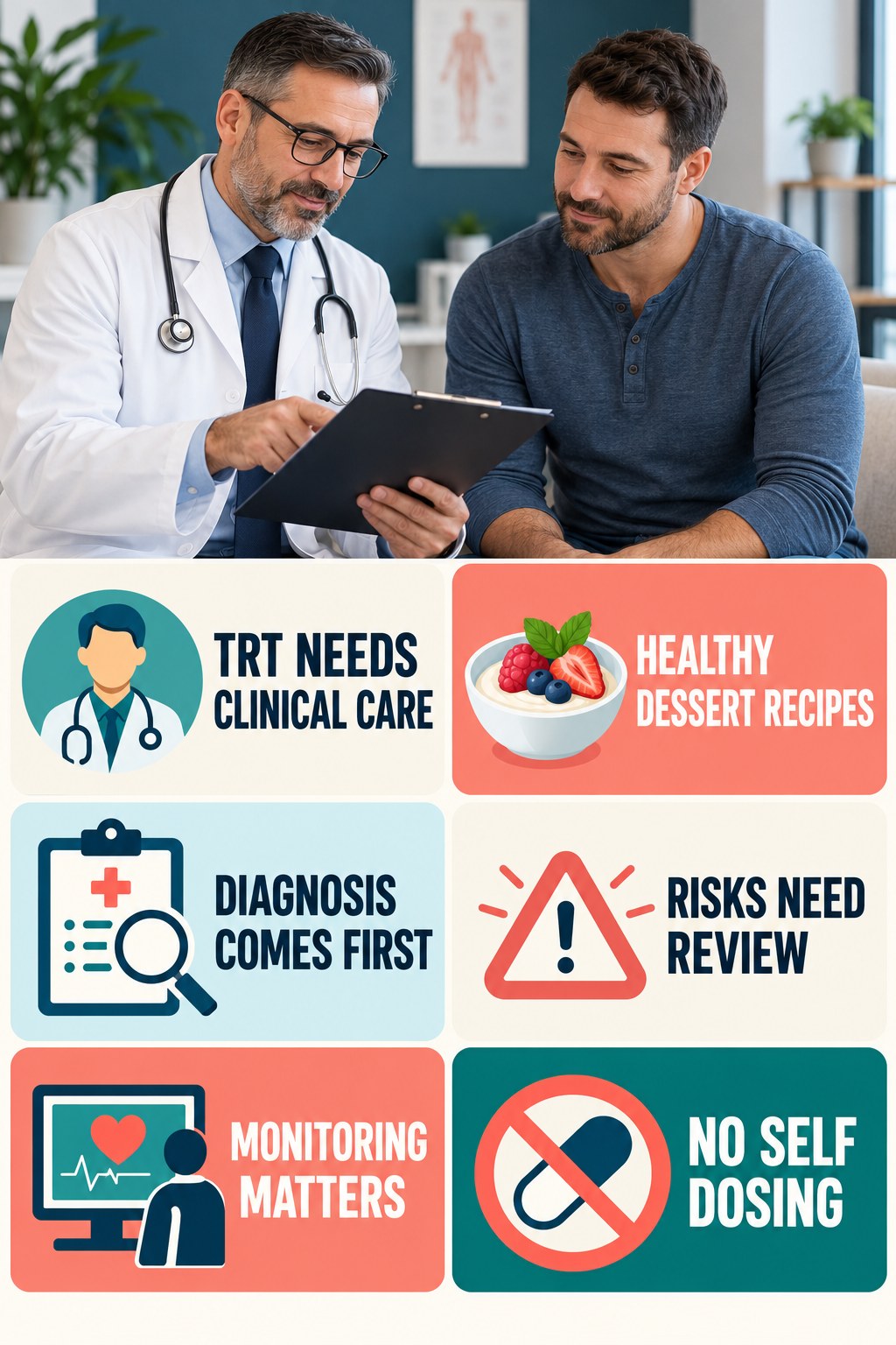 TRT Is Clinician-Managed Therapy testosterone-health-awareness infographic for Healthy Dessert Recipes with four concise educational checks.
