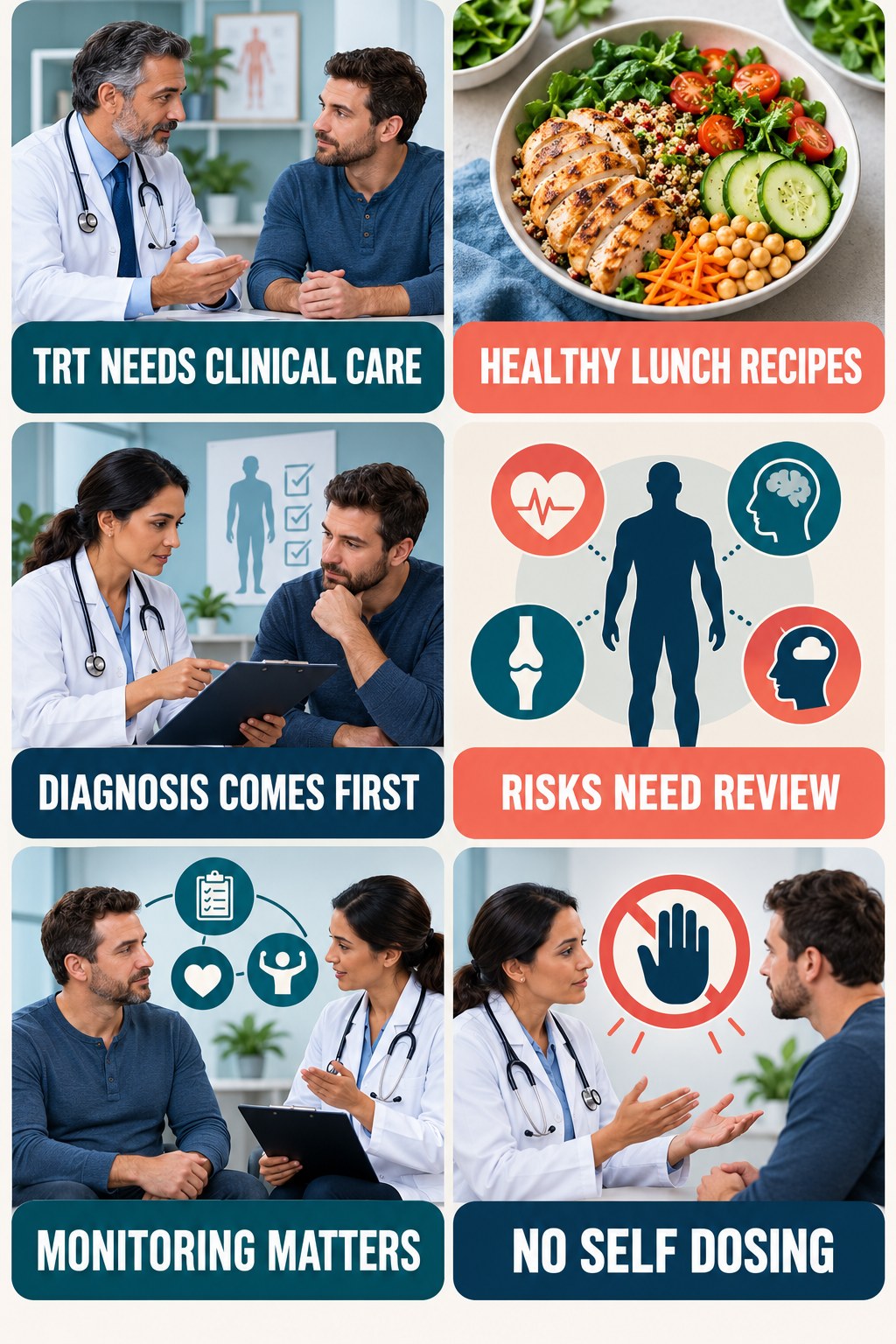TRT Is Clinician-Managed Therapy testosterone-health-awareness infographic for Healthy Lunch Recipes with four concise educational checks.