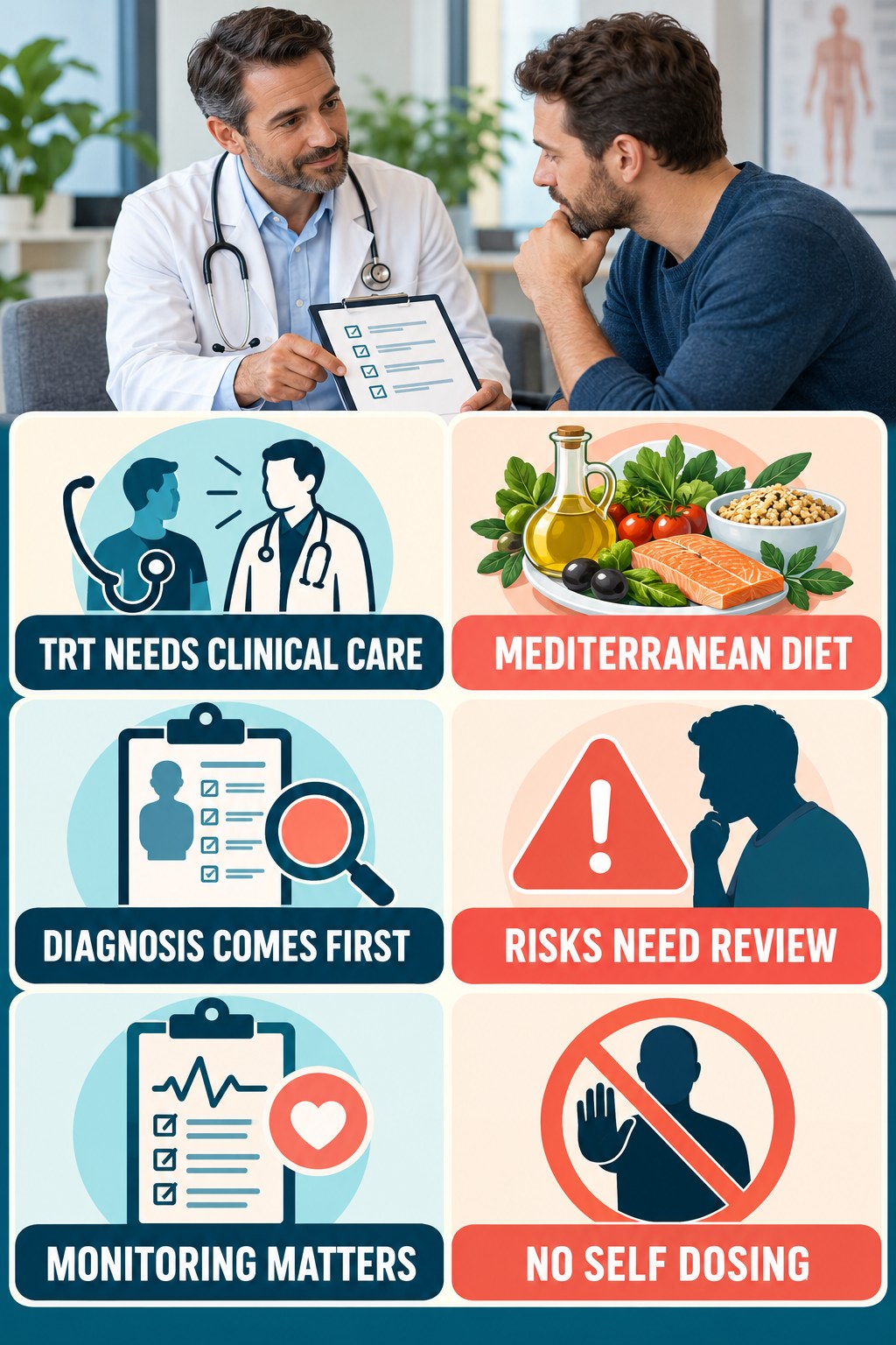 TRT Is Clinician-Managed Therapy testosterone-health-awareness infographic for Mediterranean Diet with four concise educational checks.