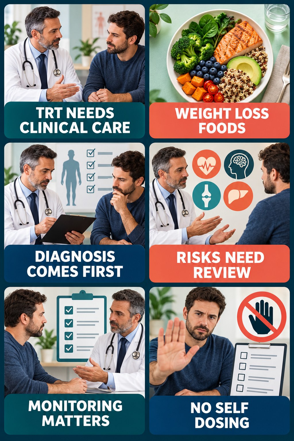 TRT Is Clinician-Managed Therapy testosterone-health-awareness infographic for Weight Loss Foods with four concise educational checks.