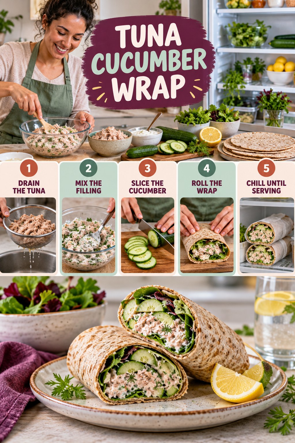 Tuna Cucumber Wrap for Easy Healthy Recipes with five readable preparation cues and a realistic finished dish.