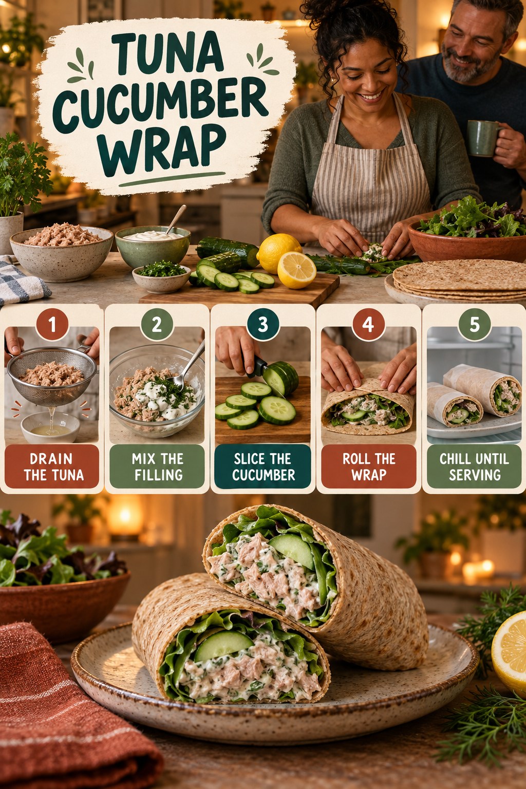 Tuna Cucumber Wrap for Healthy Meal Plans with five readable preparation cues and a realistic finished dish.