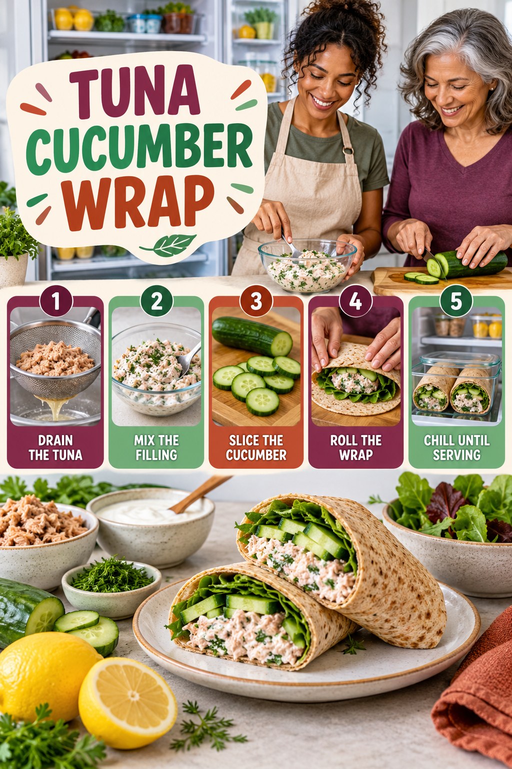 Tuna Cucumber Wrap for High Fiber Foods with five readable preparation cues and a realistic finished dish.