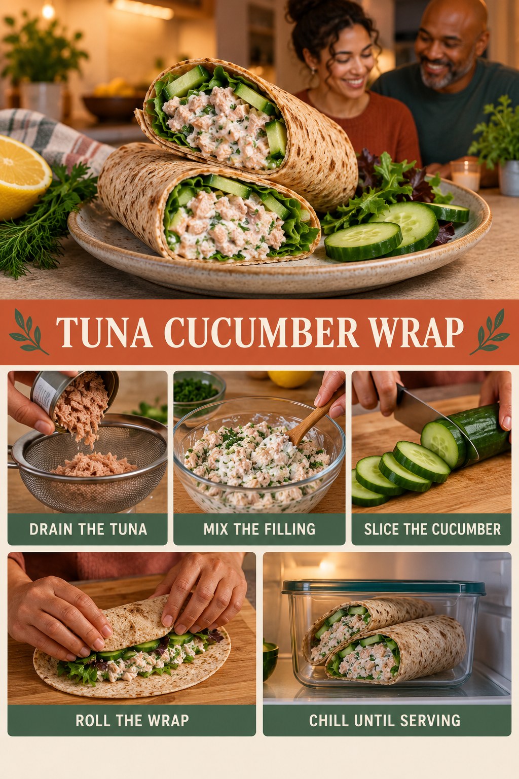 Tuna Cucumber Wrap for High Protein Bowls with five readable preparation cues and a realistic finished dish.