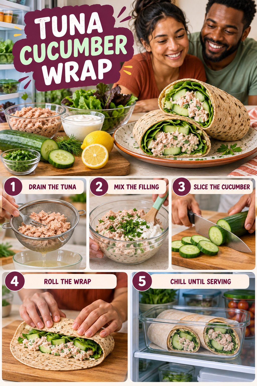 Tuna Cucumber Wrap for High Protein Breakfast with five readable preparation cues and a realistic finished dish.