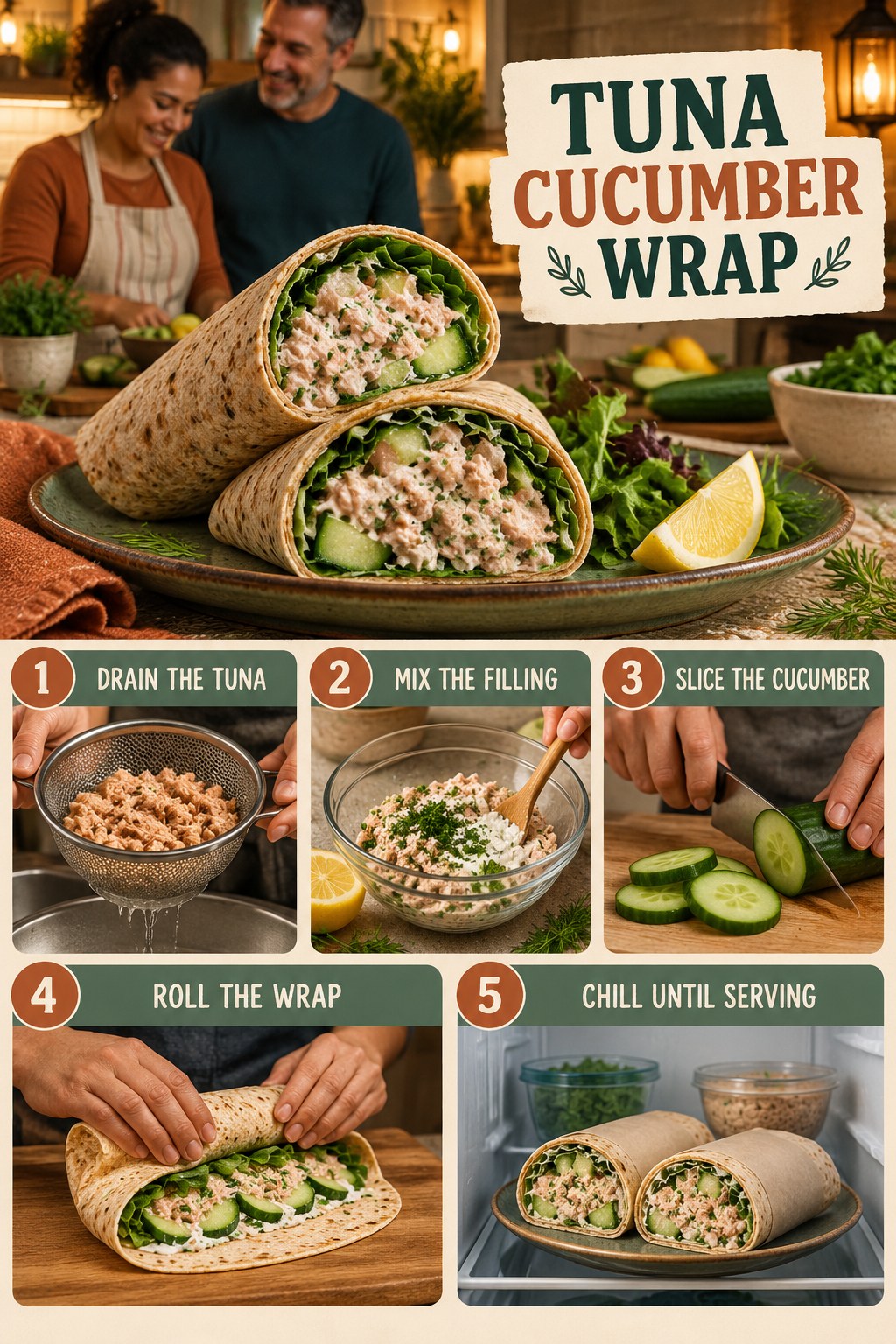 Tuna Cucumber Wrap for Keto Recipes with five readable preparation cues and a realistic finished dish.