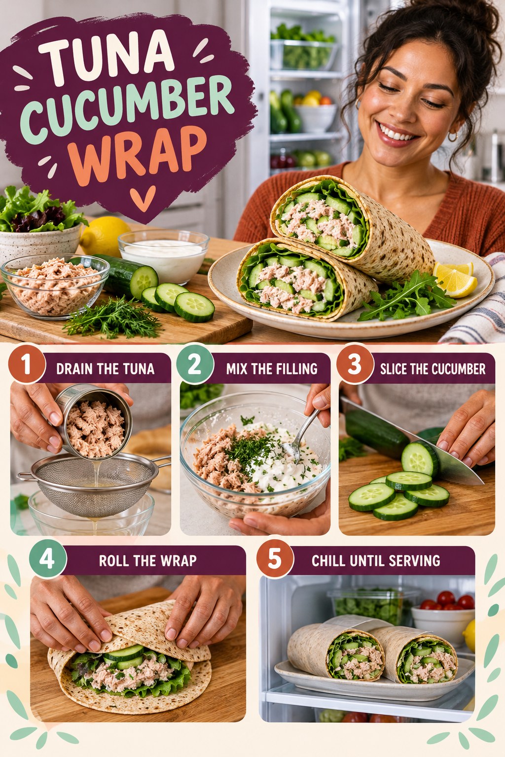 Tuna Cucumber Wrap for Low Calorie Meals with five readable preparation cues and a realistic finished dish.
