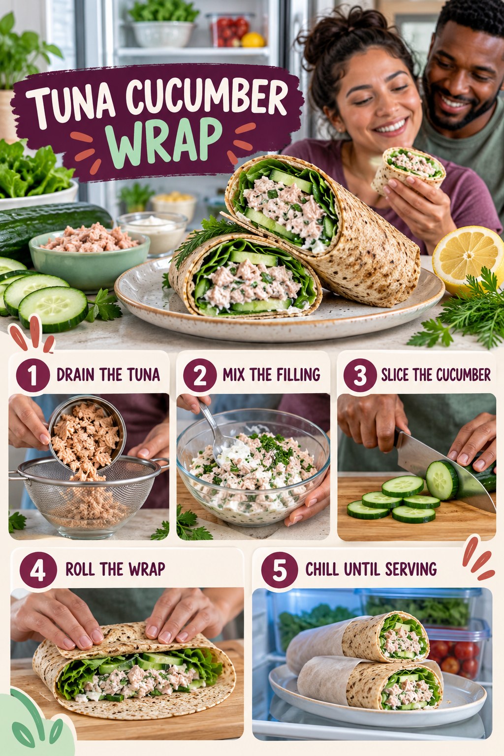 Tuna Cucumber Wrap for Low Carb Diet with five readable preparation cues and a realistic finished dish.