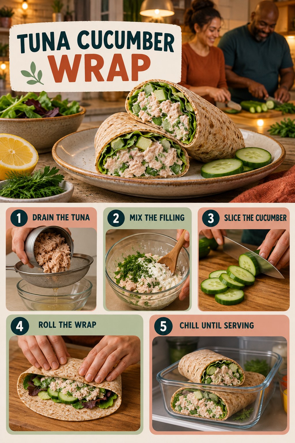 Tuna Cucumber Wrap for Weight Loss Meal Plans with five readable preparation cues and a realistic finished dish.