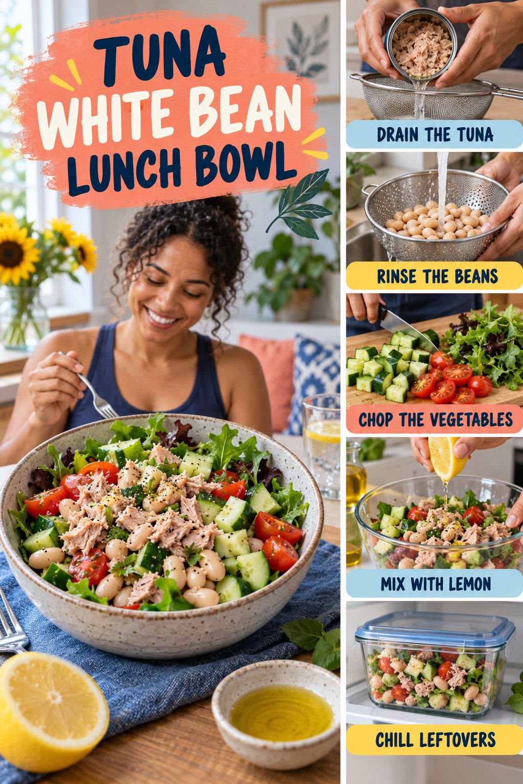 Tuna White Bean Lunch Bowl for Strength Training for Weight Loss with five readable preparation cues and a realistic finished dish.