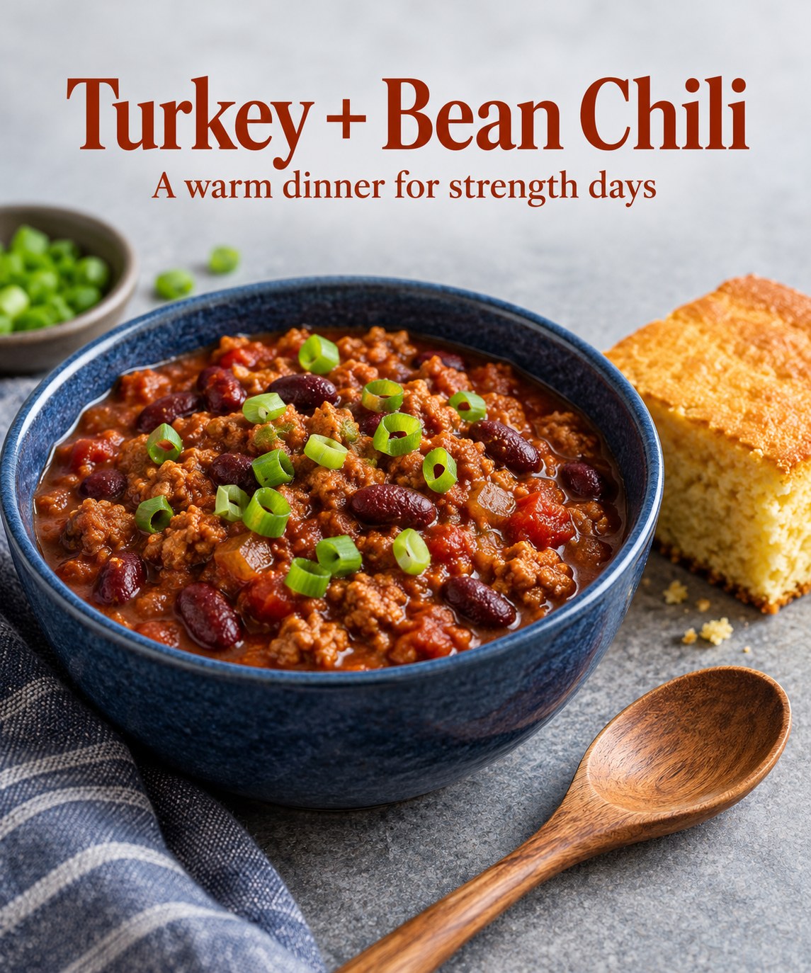 Turkey and kidney bean chili with tomatoes in a blue bowl beside cornbread.