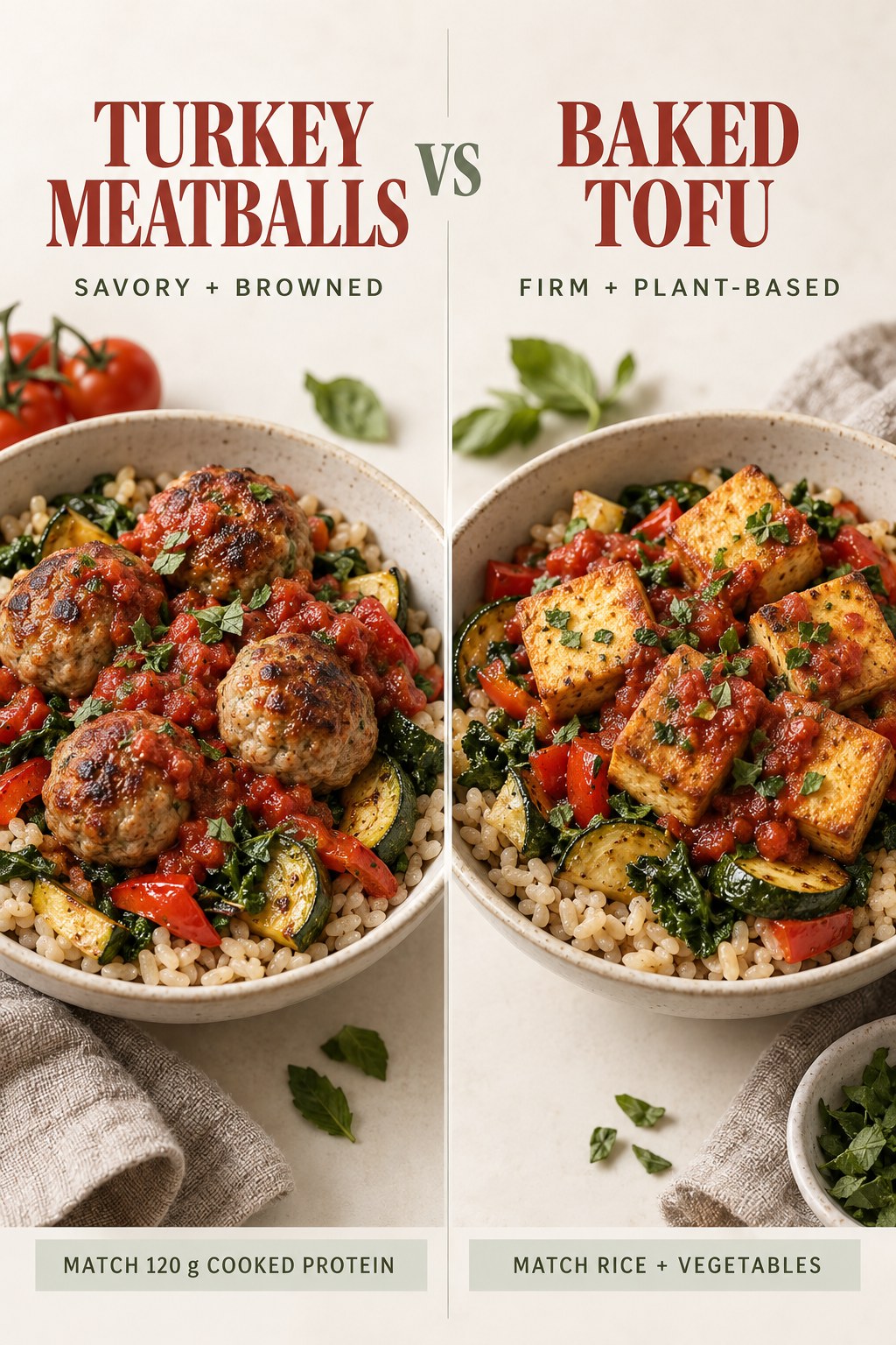 Turkey meatballs and baked tofu in matched brown rice and vegetable bowls with equal tomato-herb sauce.