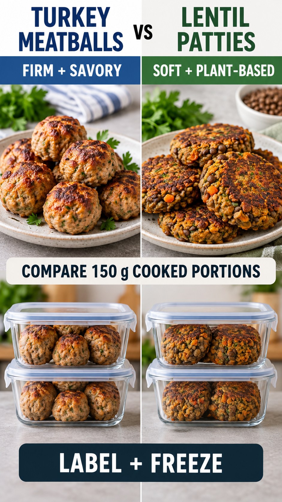 Turkey meatballs and lentil patties in equal cooked meal-prep portions beside labeled freezer containers.