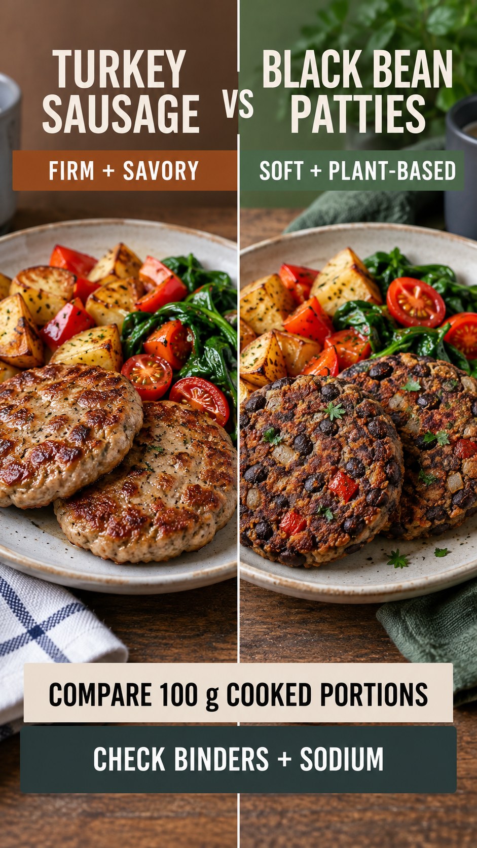 Turkey sausage patties and black bean patties in equal cooked portions for a savory breakfast comparison.
