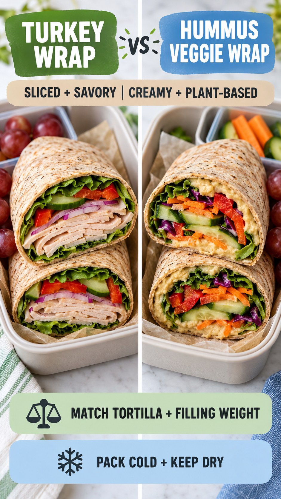 Turkey vegetable wrap and hummus vegetable wrap with matched tortillas and equal filling portions for lunch.