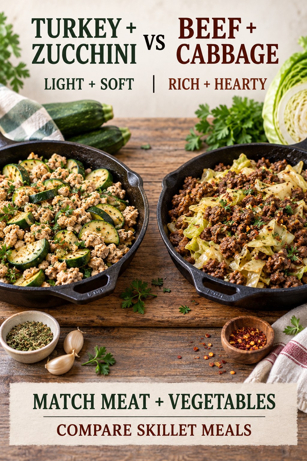 Turkey zucchini skillet and beef cabbage skillet in equal low-carb meal portions with matching herbs and seasoning.