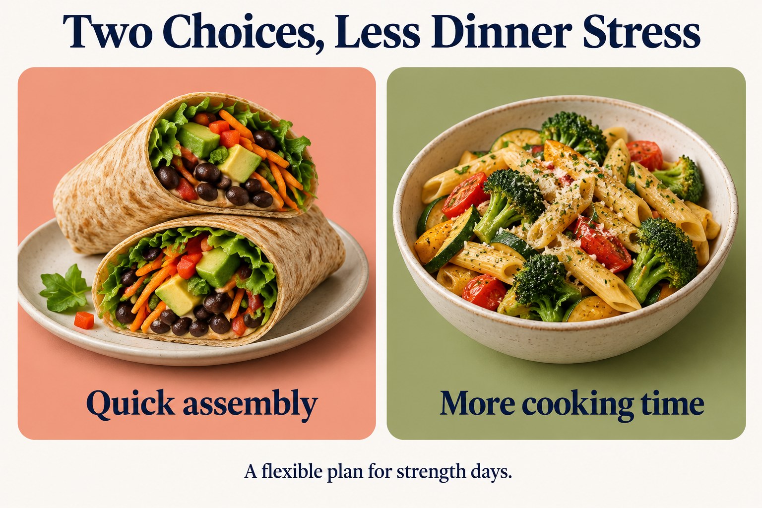 Two illustrated dinner choices, a bean wrap and a vegetable pasta bowl, on a divided planning card.
