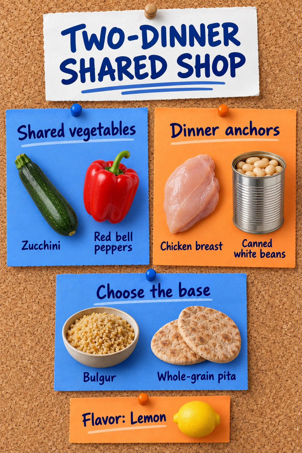 Blue and orange grocery cards listing zucchini, peppers, chicken, white beans, bulgur, pita and lemon on a cork board.