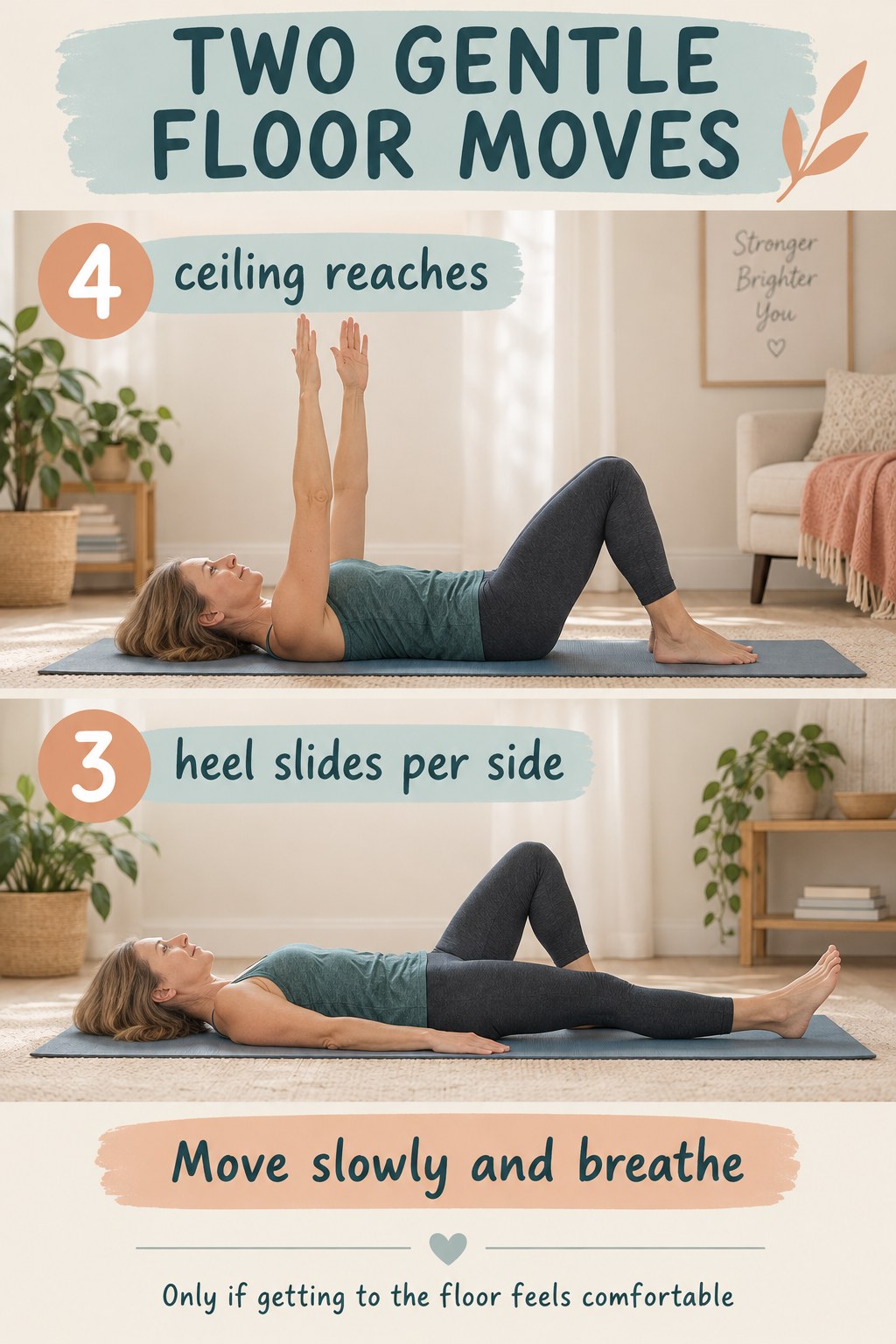 Two photos show a woman on a mat performing ceiling reaches and a single heel slide, with gentle beginner movement instructions.