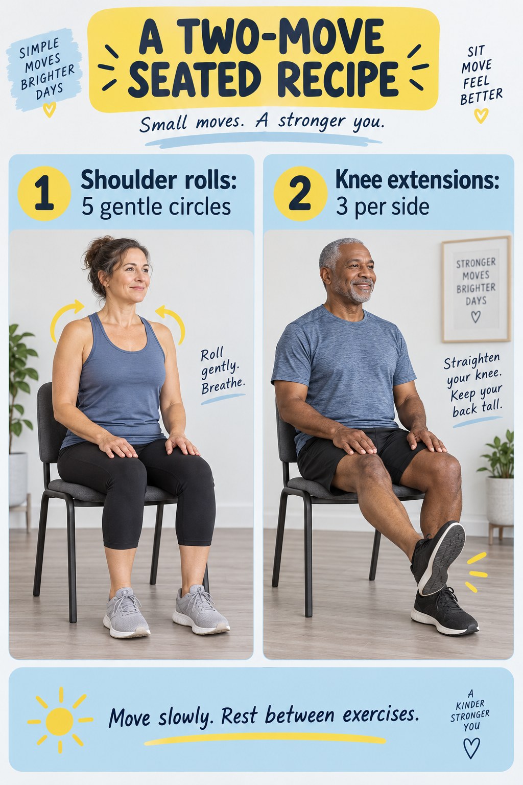 Two seated adults demonstrate gentle shoulder rolls and a partial knee extension in a blue and yellow guide.